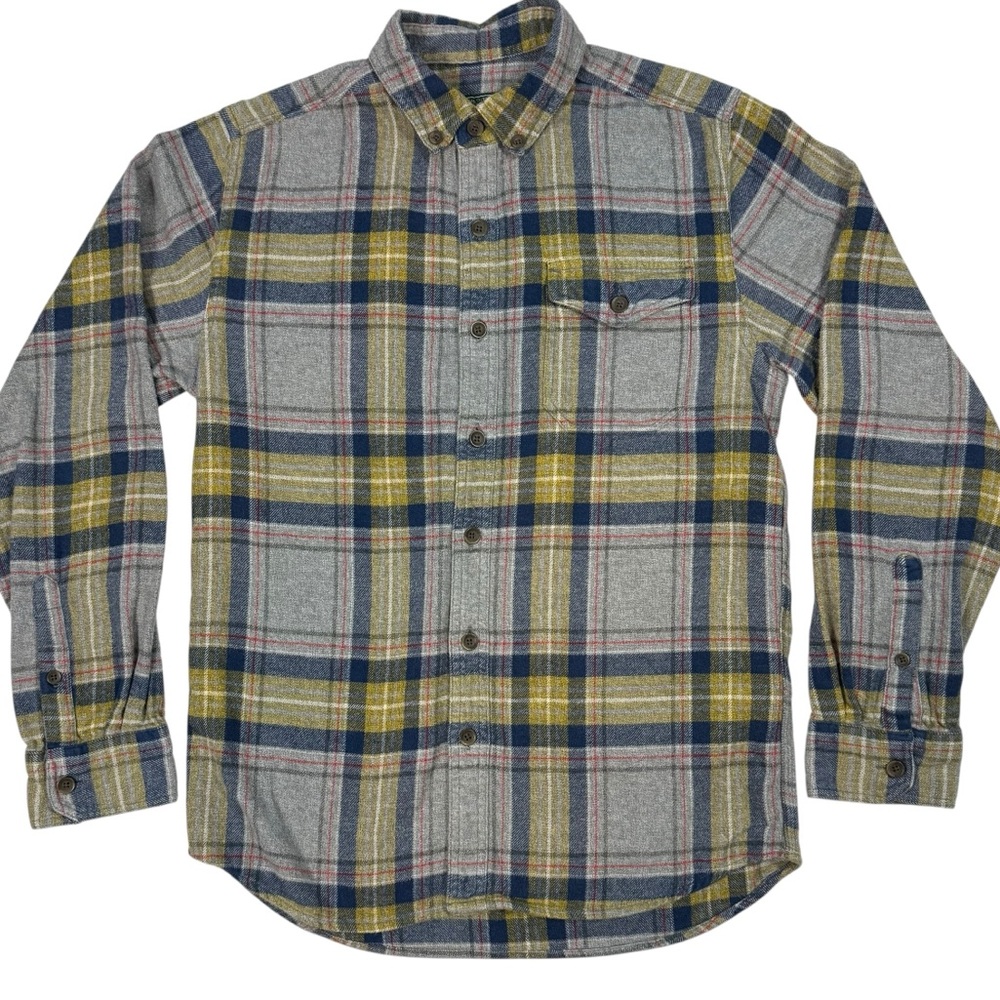 Woolrich Men's Small Flannel Plaid Shirt Blue, Yellow, Gray Button Down Outdoors